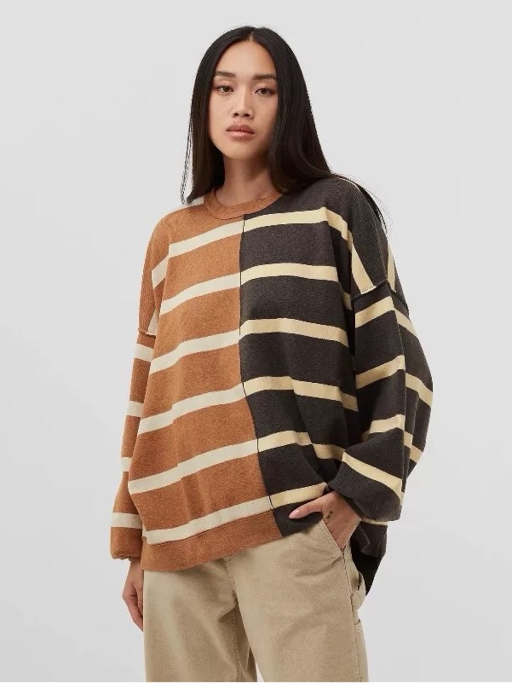 NEW Free People striped cosy knit pullover in spiced oatmeal size M